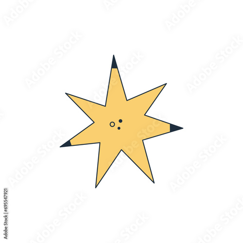 Isolated abstract yellow seven pointed star on white background. Space object. Flat cartoon style. Sticker  print on a T-shirt. Vector illustration