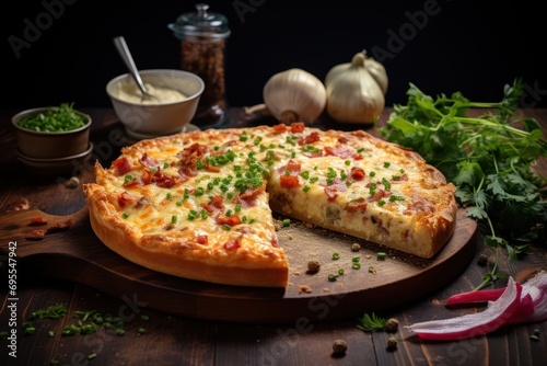  a pizza sitting on top of a wooden cutting board next to a bowl of sauce and a slice of pizza on top of a cutting board with a slice taken out of it.