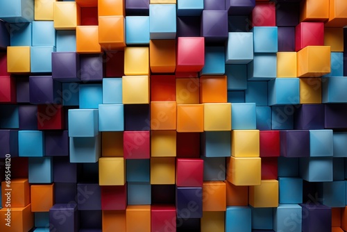  a multicolored pattern of cubes is shown in the middle of a wall of different shades of blue, red, orange, yellow, and purple, and orange.