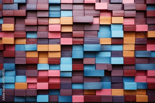  a close up of a multicolored wall made up of blocks of varying sizes and colors of different shapes and sizes, including red, blue, orange, pink, yellow, purple, and red.