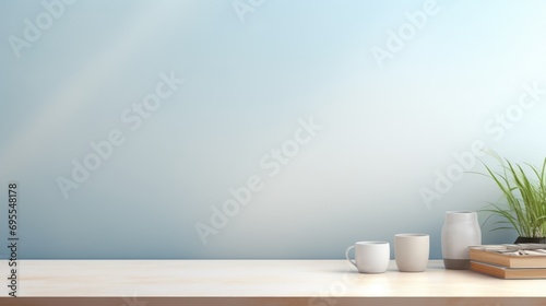 A living room with a potted plant  tea cup and blue wall.