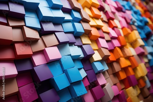 a colorful wall made up of cubes with different colors of the same cubes on each side of the wall and a red  orange  blue  yellow  orange  pink  purple  and blue  orange  and green  and pink wall.