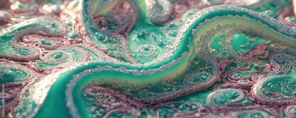 a close up of a green and pink marble