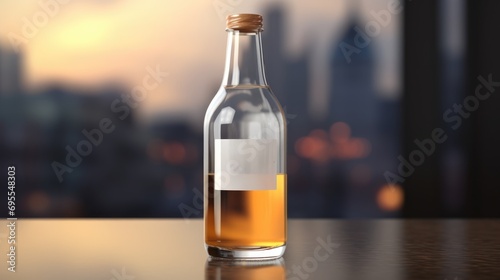 A glass bottle of a soft drink on a table.