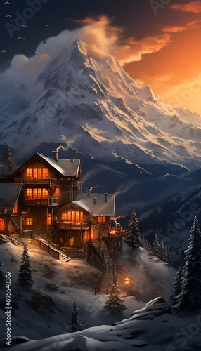 Panorama of alpine mountain village in the snow at night.
