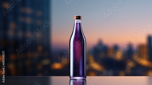 A glass bottle of a soft drink on a table. photo