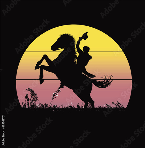 Retro Sunset ,Vintage Western Retro Cowboy western silhouettes set. Print ready vector design for Tshirt, Mug and printing item. Black and white view.horse vector design.color bundle .