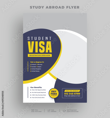 Study abroad flyer, Student visa and School admission flyer, Editable online learning or higher education print flyer template.