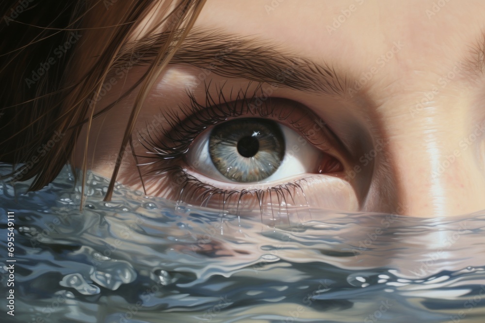  a close up of a person's eye with water in the foreground and a body of water in the foreground with a blue sky in the background.