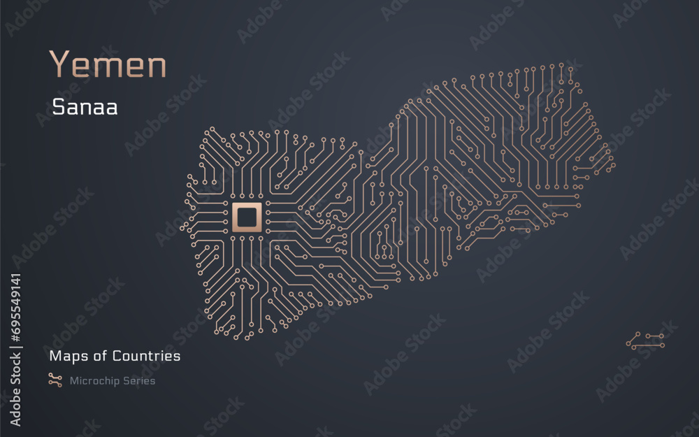 Yemen Map with a capital of Sanaa Shown in a Microchip Pattern with processor. E-government. SHOTLISTbanking. World Countries vector maps. Microchip Series	 - obrazy, fototapety, plakaty 