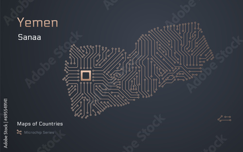 Yemen Map with a capital of Sanaa Shown in a Microchip Pattern with processor. E-government. SHOTLISTbanking. World Countries vector maps. Microchip Series	 photo