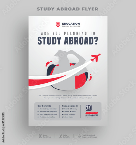 Study abroad flyer, Student visa and School admission flyer, Editable online learning or higher education print flyer template.