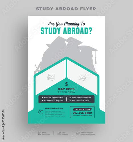 Study abroad flyer, Student visa and School admission flyer, Editable online learning or higher education print flyer template.