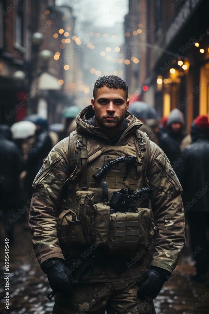 Young Adult Soldier Standing on a City Street