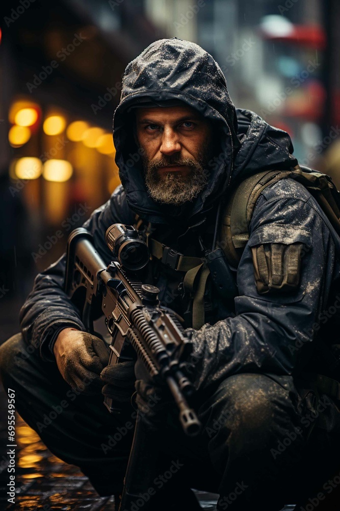 Bearded Man in City with Weapon and Protective Clothing