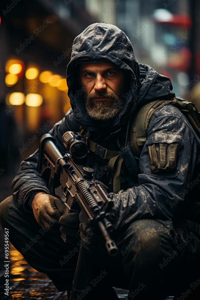 Bearded Man in City with Weapon and Protective Clothing Bearded Man in City with Weapon and Protective Clothing