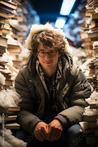 Student surrounded by books in snow-cooled library