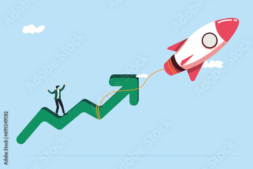 investing money in a project, people investment growth graph chart arrows flying with rocket in the sky. Vector illustration
