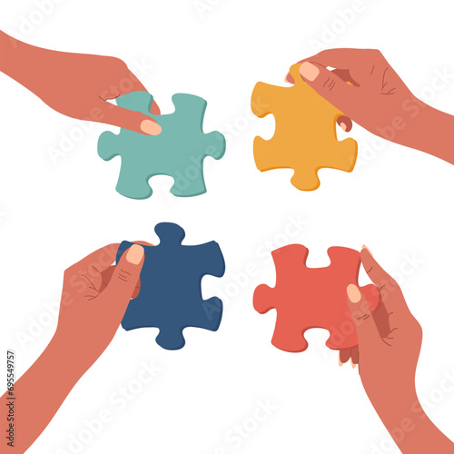 Hands holding puzzle pieces. Hands put together puzzles. Business concept of teamwork. Vector
