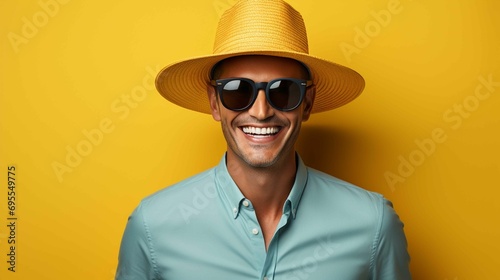 Young adult with yellow sunglasses smiling against yellow background