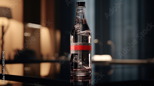 A glass bottle of a soft drink on a table.