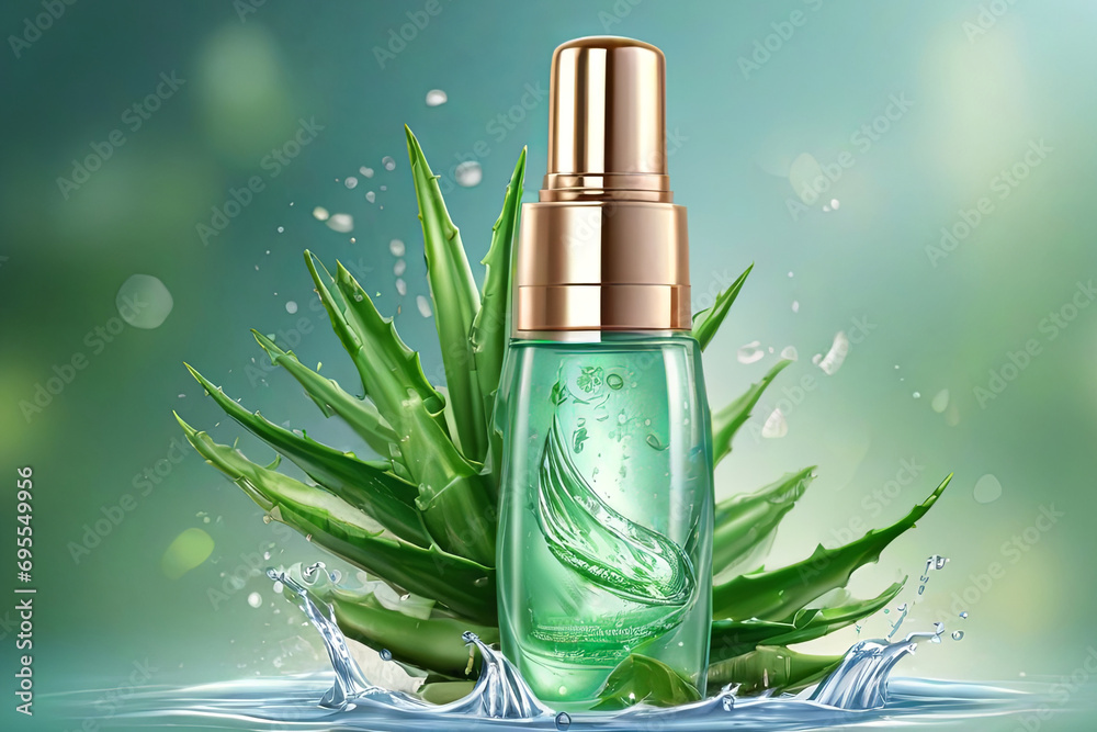 Cosmetic bottle for advertisement with aloe vera, water splashing on bokeh background Generative AI technology Cosmetic bottle for advertisement with aloe vera, water splashing on bokeh background Generative AI technology