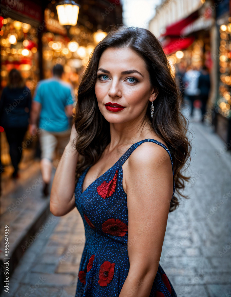 photo of beautiful woman with print sleeveless dress and big red lips and blue eyes at europe street, generative AI