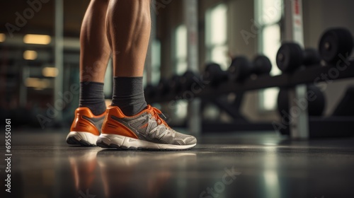 A pair of feet in orange and gray sneakers stand in front of a row of dumbbells in a gym.
