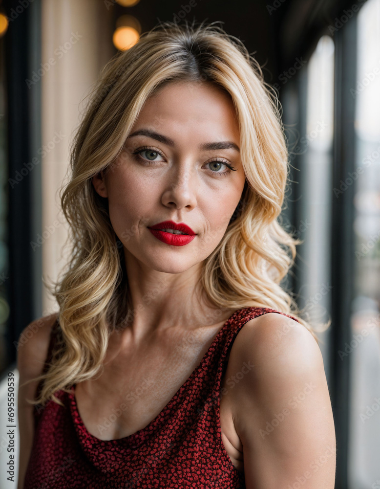 photo of beautiful woman with red print sleeveless dress and blonde hair at europe street, generative AI photo of beautiful woman with red print sleeveless dress and blonde hair at europe street, generative AI