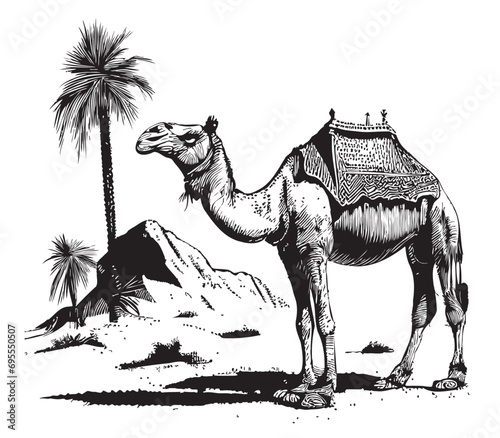 Camel in the desert sketch drawn in doodle style illustration Traveling