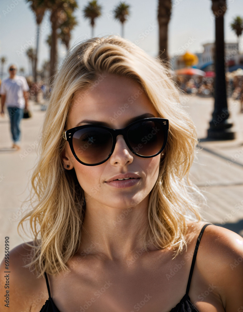 photo of beautiful woman with sunglasses and blonde hair at sand beach city street, generative AI photo of beautiful woman with sunglasses and blonde hair at sand beach city street, generative AI
