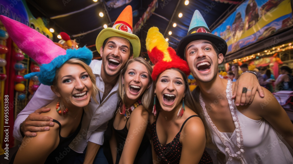 A group taking a fun photo at a carnival photo booth.