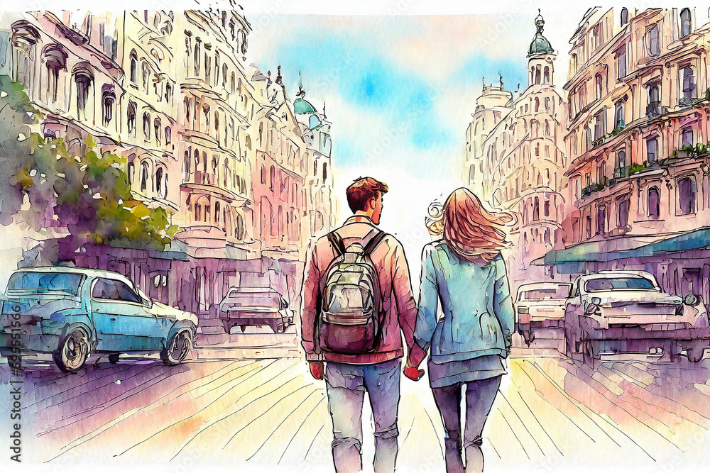 couple de jeunes touristes dans une rue animée, aquarelle