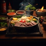 Authentic Sukiyaki Hot Pot with Savory Beef and Fresh Vegetables, Traditional Japanese Sukiyaki Dinner Setup, Rich in Flavor and Perfect for Food Enthusiasts