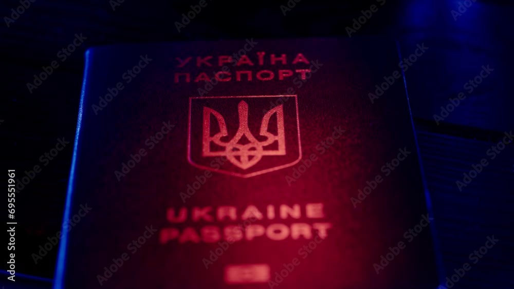 Passport and migration creative advertising concept. Close-up of an identity document. Blue Ukrainian passport with national symbols on a table in red light. Passport and migration creative advertising concept. Close-up of an identity document. Blue Ukrainian passport with national symbols on a table in red light.