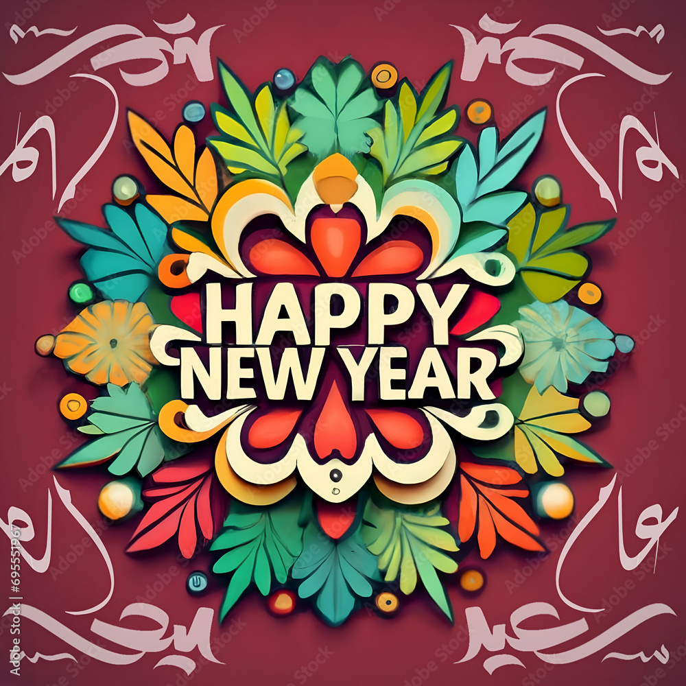 Happy New Year Floral Seamless Mandala art mixed with New year arabic calligraphy, festive illustration for greeting cards or all prints on demand. Generative AI.