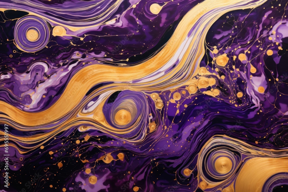 a painting of purple and gold swirls on a black and white background with gold dots on the bottom of the image and the bottom part of the painting in the middle of the image. - obrazy, fototapety, plakaty 