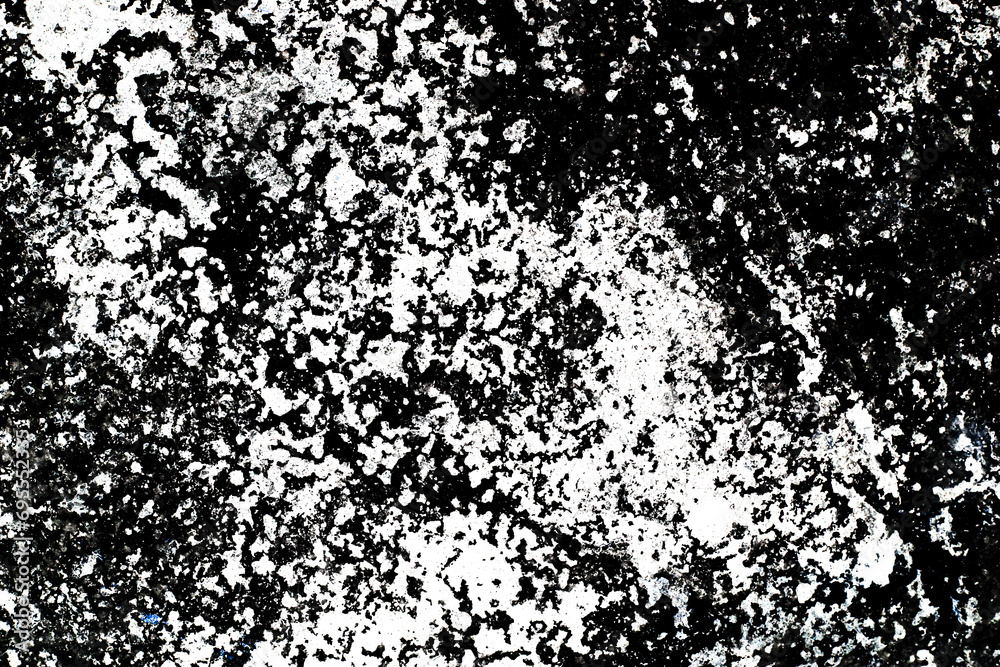 White spray dots paint on black paper. Ink stains background. White paint splashes texture. Distressed splatter on white paper. Blob background. Grainy spray paint pattern.