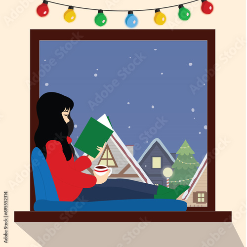young girl sitting along window, girl sitting in window reading book on christmas night, christmas girl, girl sitting along window on snowy night, winter snowy night, window with winter landscape.