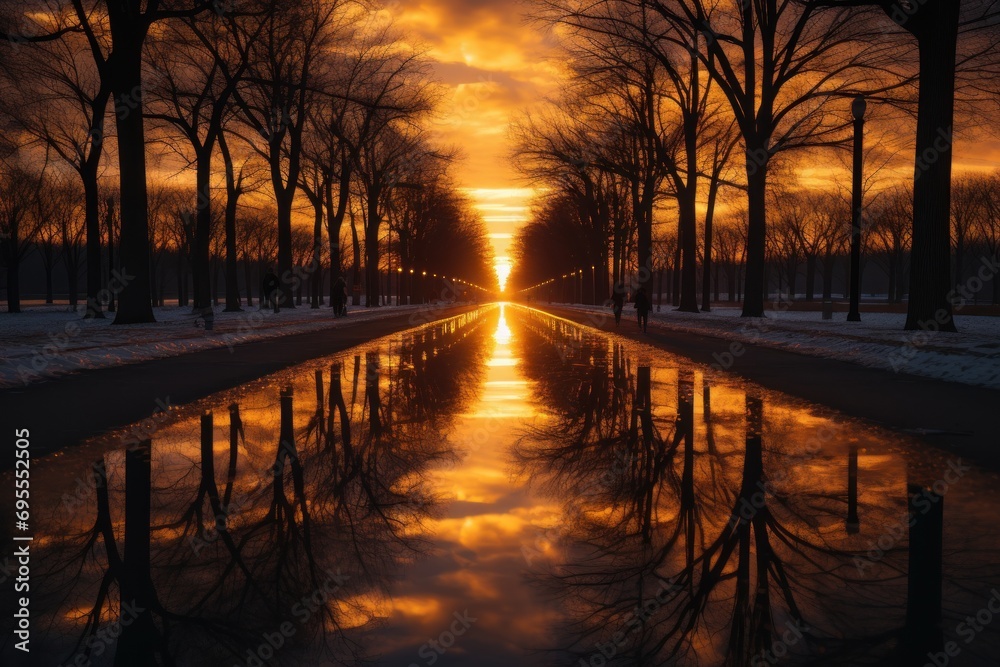  the sun is setting behind the trees and reflecting in the water at the end of a long row of trees on the other side of the road is a reflecting in the water.