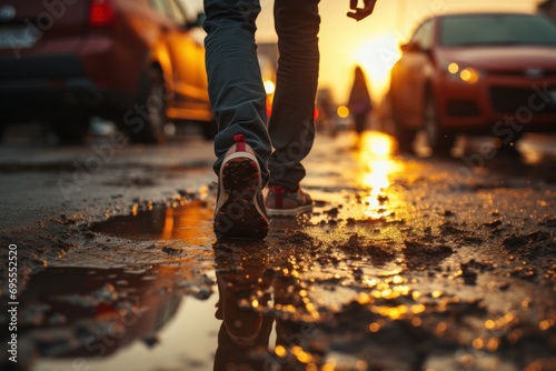  a person walking down a wet street with their feet in the water and cars parked on the side of the road and the sun setting in the distance behind them.
