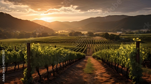 panoramic view of vineyard in late afternoon light at sunset