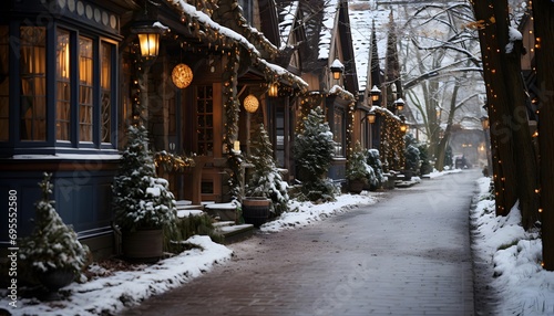 New York City street in winter with snow and christmas trees.