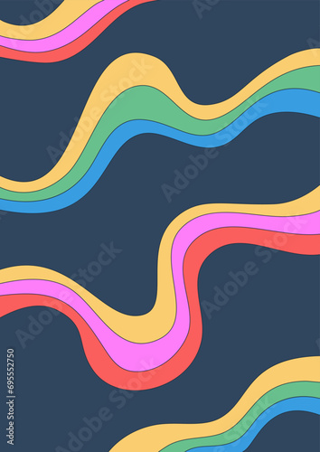Abstract bright psychedelic background with wavy pattern. Multicolored colors. Colorful strips. Groovy surreal style. Poster, cover for notebook or book. Vector illustration
