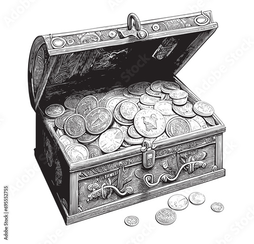 Chest with money and coins and treasure hand drawn sketch