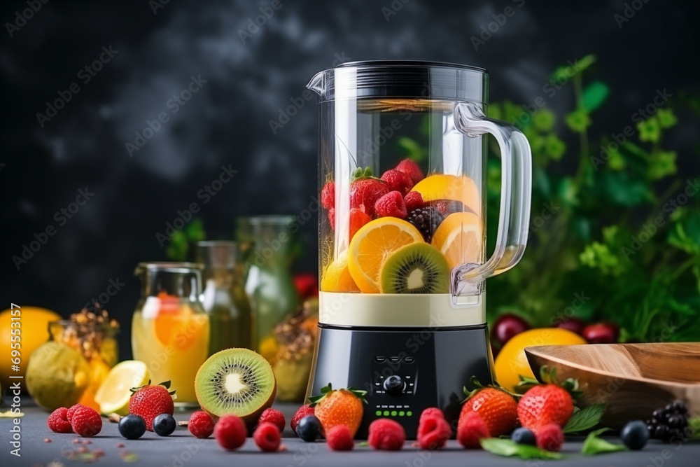 Fruit and herb blender cutting fresh nutricious fruits for delicious fruit cocktail smoothie drink Fruit and herb blender cutting fresh nutricious fruits for delicious fruit cocktail smoothie drink