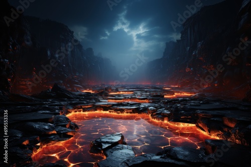  a dark scene with a pool of water surrounded by lava and lava rocks and glowing lava and lava in the middle of the water, with a dark sky and clouds in the background.