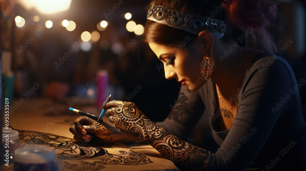 A Henna tattoo artist creating intricate designs. - obrazy, fototapety, plakaty 