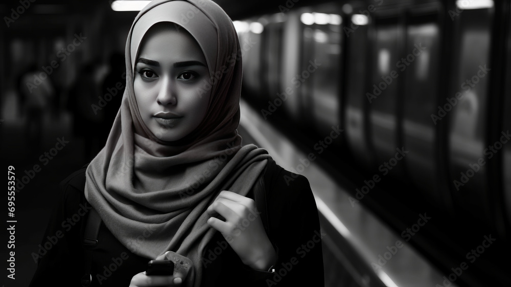 young girl wearing hijab waiting a train holding a phone, generative ai