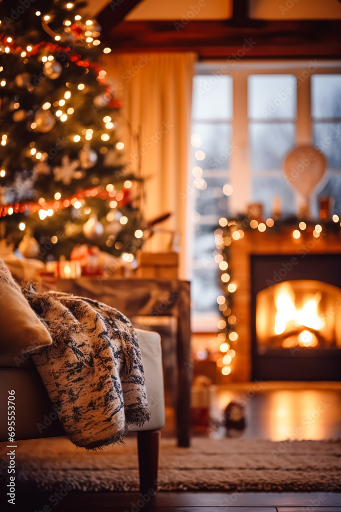 Christmas decor, holiday time and country cottage style, cosy atmosphere, decorations in the English countryside house with Christmas tree and fireplace on background, winter holidays